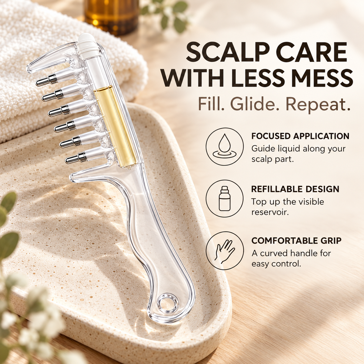 💧 2-in-1 Scalp Serum Applicator Comb – Refillable Root Applicator with Roller Massage
