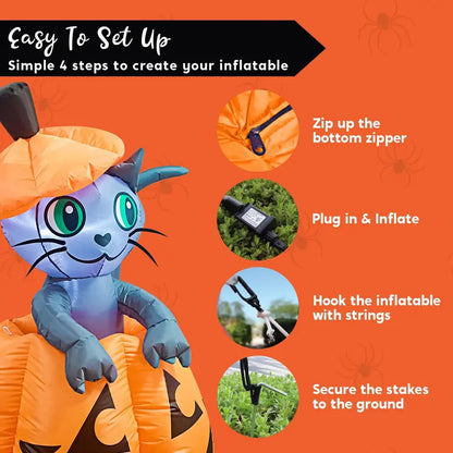 🎃 5ft Animated Inflatable Cat On Pumpkin – Light-Up Halloween Yard Decor 🐈‍⬛