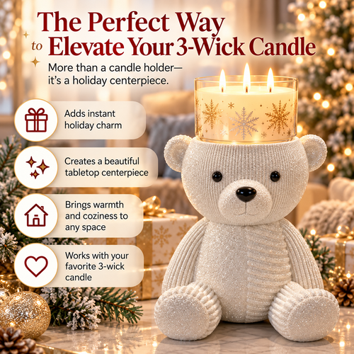 🐻White Glitter Teddy Bear 3-Wick Candle Holder – Cozy Christmas Tabletop Décor🎄