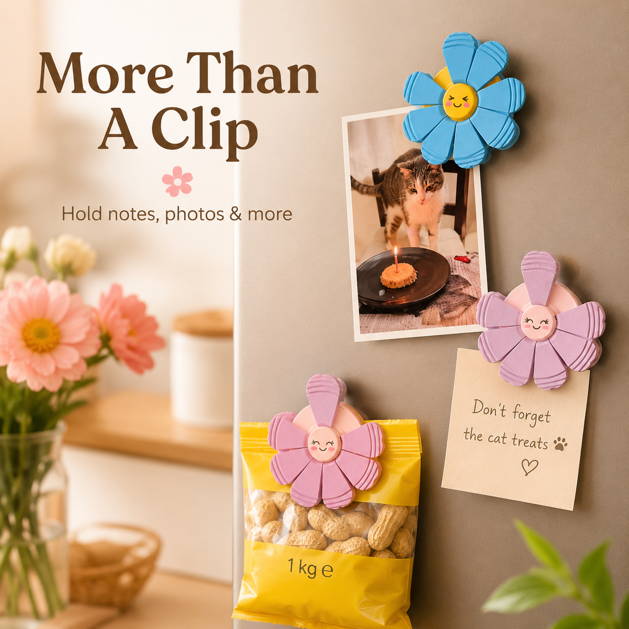 3D-printed flower clips, magnetic closures, kitchen hooks, pantry storage racks