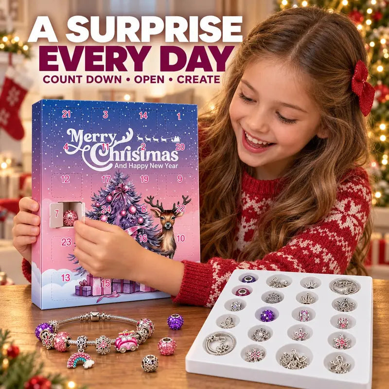Girl opening Christmas jewelry advent calendar