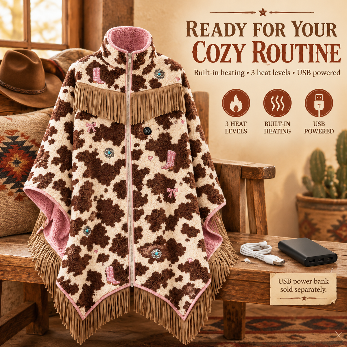🔥 Heated Western Fringe Poncho – 3 Heat Levels, USB Powered Cowgirl Wrap