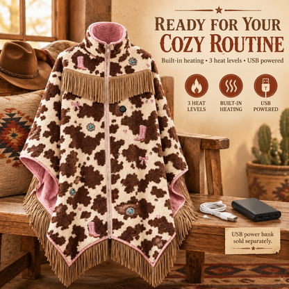 🔥 Heated Western Fringe Poncho – 3 Heat Levels, USB Powered Cowgirl Wrap