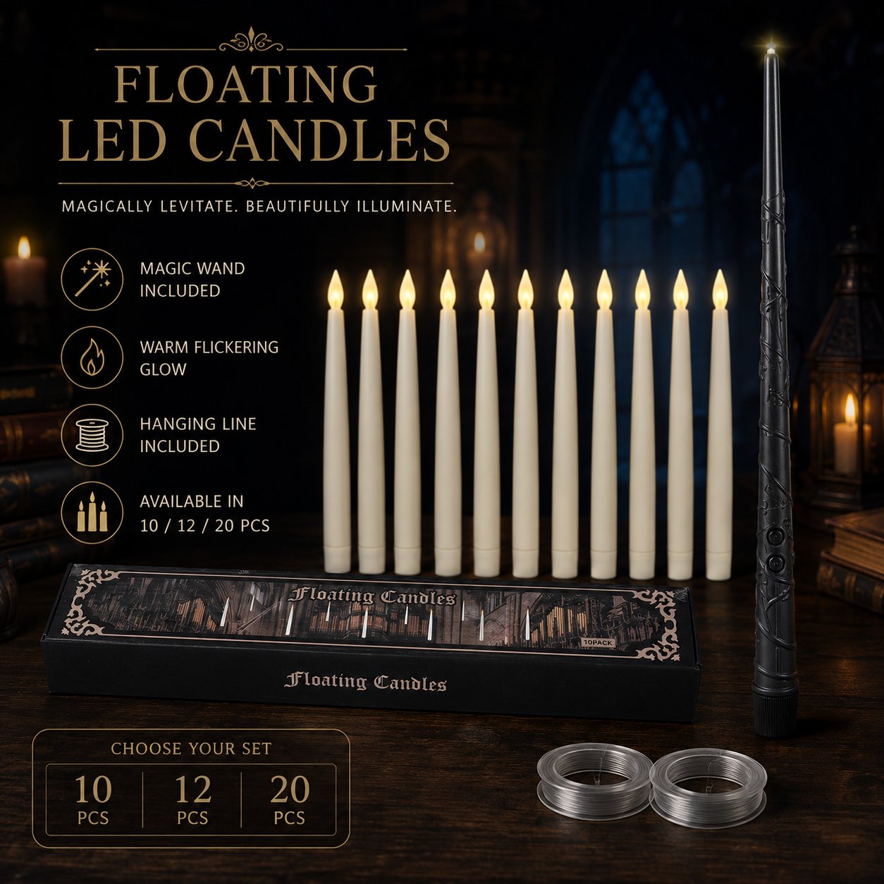 ✨ Floating LED Candles with Wand Remote | Flameless Hanging Candle Set🪄