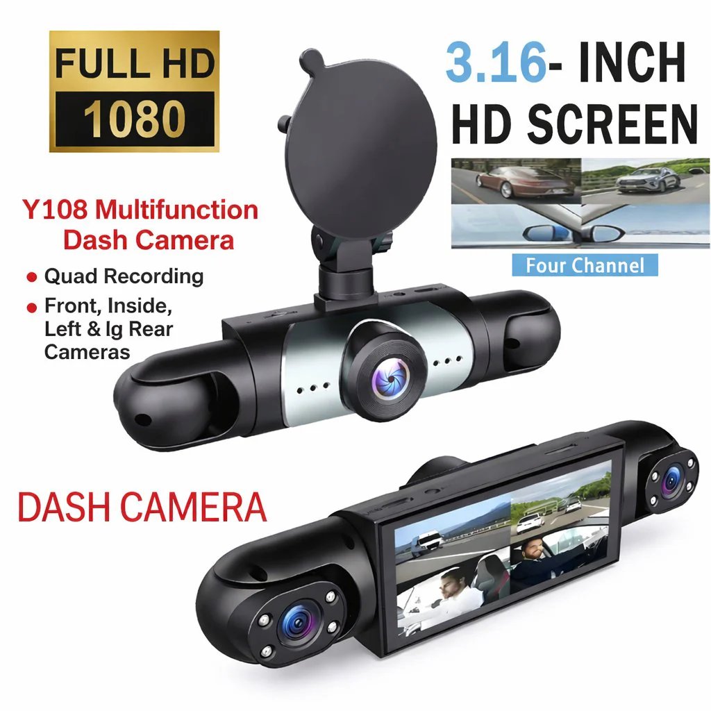 🚗 4-Channel 360° Dash Camera – Front, Rear, Side & Cabin Recording 🛡️