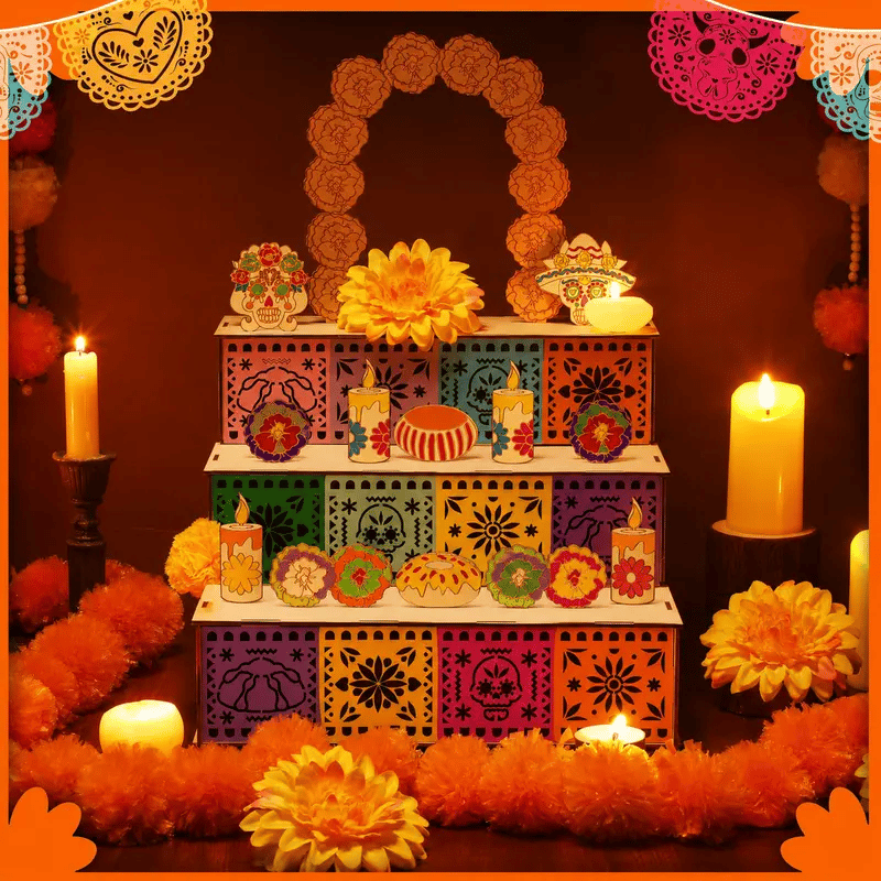 🔥Last Day 49% OFF - 🌼 Día de los Muertos 3-Tier Wooden Remembrance Altar Display Set 💀