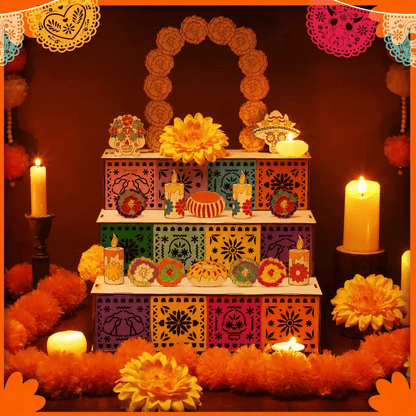 🔥Last Day 49% OFF - 🌼 Día de los Muertos 3-Tier Wooden Remembrance Altar Display Set 💀