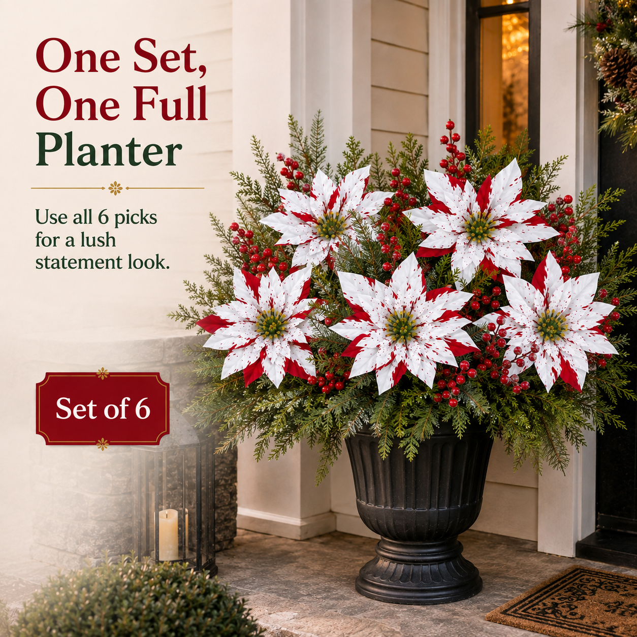 🎄 Set of 6 Christmas Poinsettia Planter Insert Picks – Red & White Holiday Urn Decor 🌺