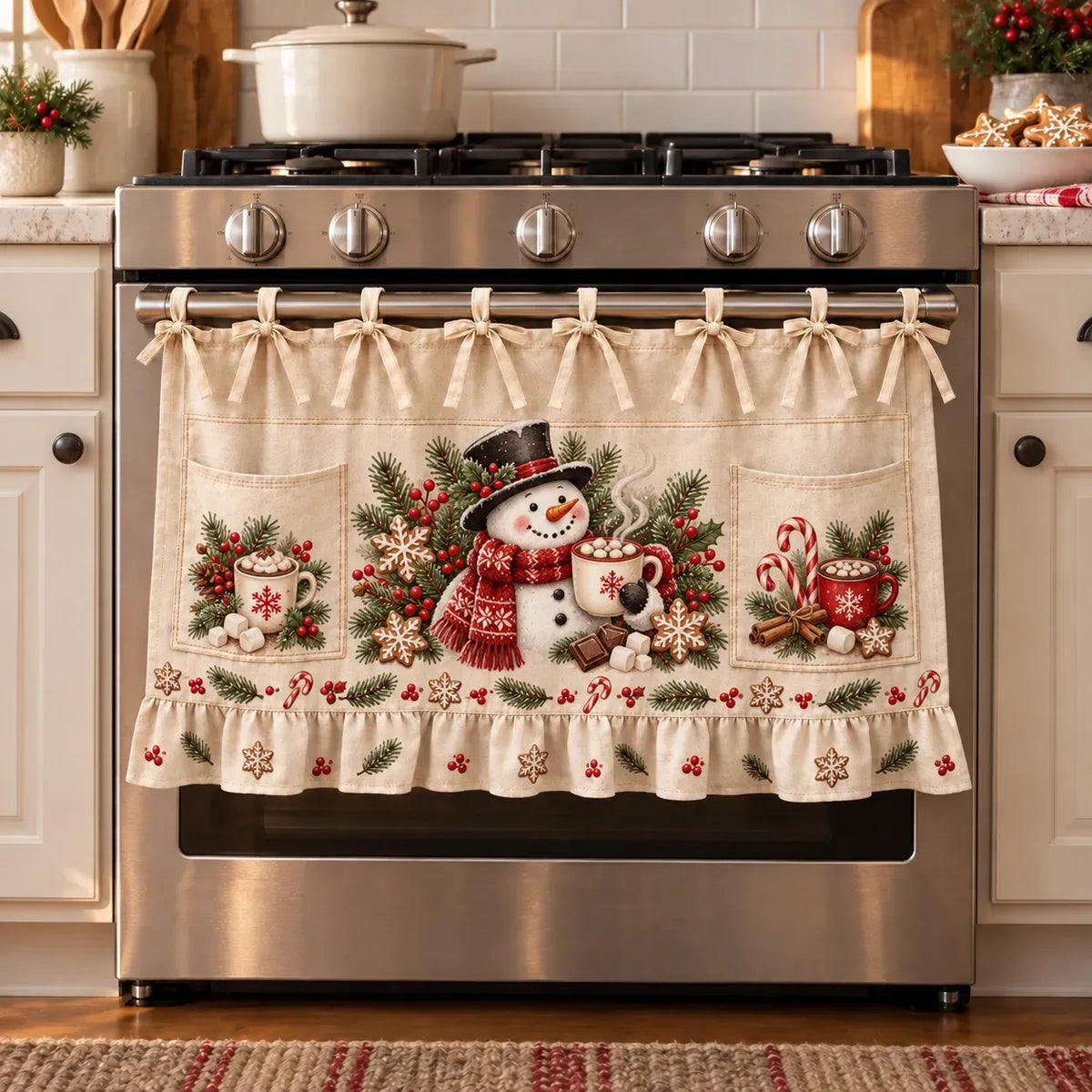🎄 Christmas Kitchen Tie-On Skirt with Pockets & Ruffled Trim - Appliance Valance
