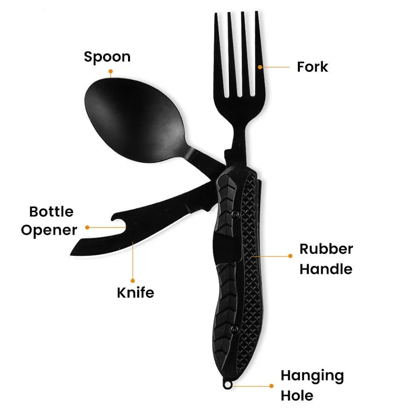 🏕️ 4-In-1 Folding Camping Utensil Set – Spoon, Fork, Knife & Bottle Opener