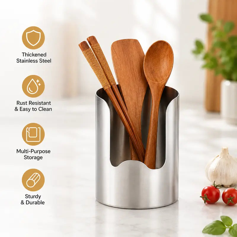 🍳 Stainless Steel Kitchen Utensil Holder – Countertop Organizer with Drainage Base ✨