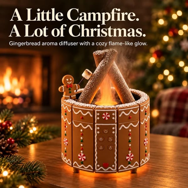 🎄 Gingerbread Campfire Aroma Diffuser - Cozy Flame Mist Christmas Decor 🍪