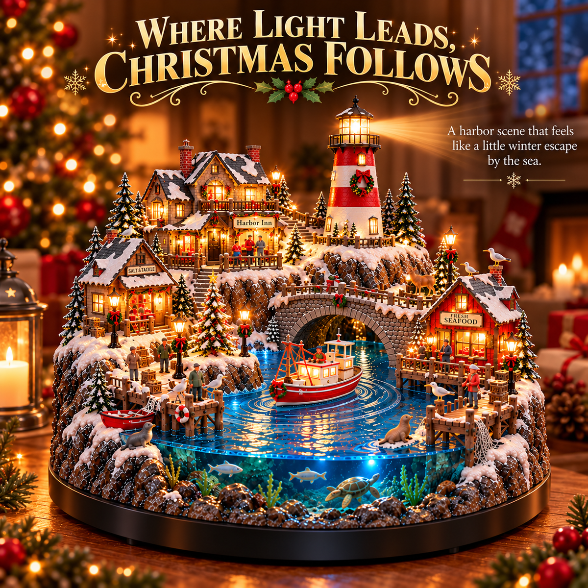 🌊 50%+ OFF Harborlight Christmas™ – Lighted Coastal Village with Lighthouse & Underwater Scene 🎄