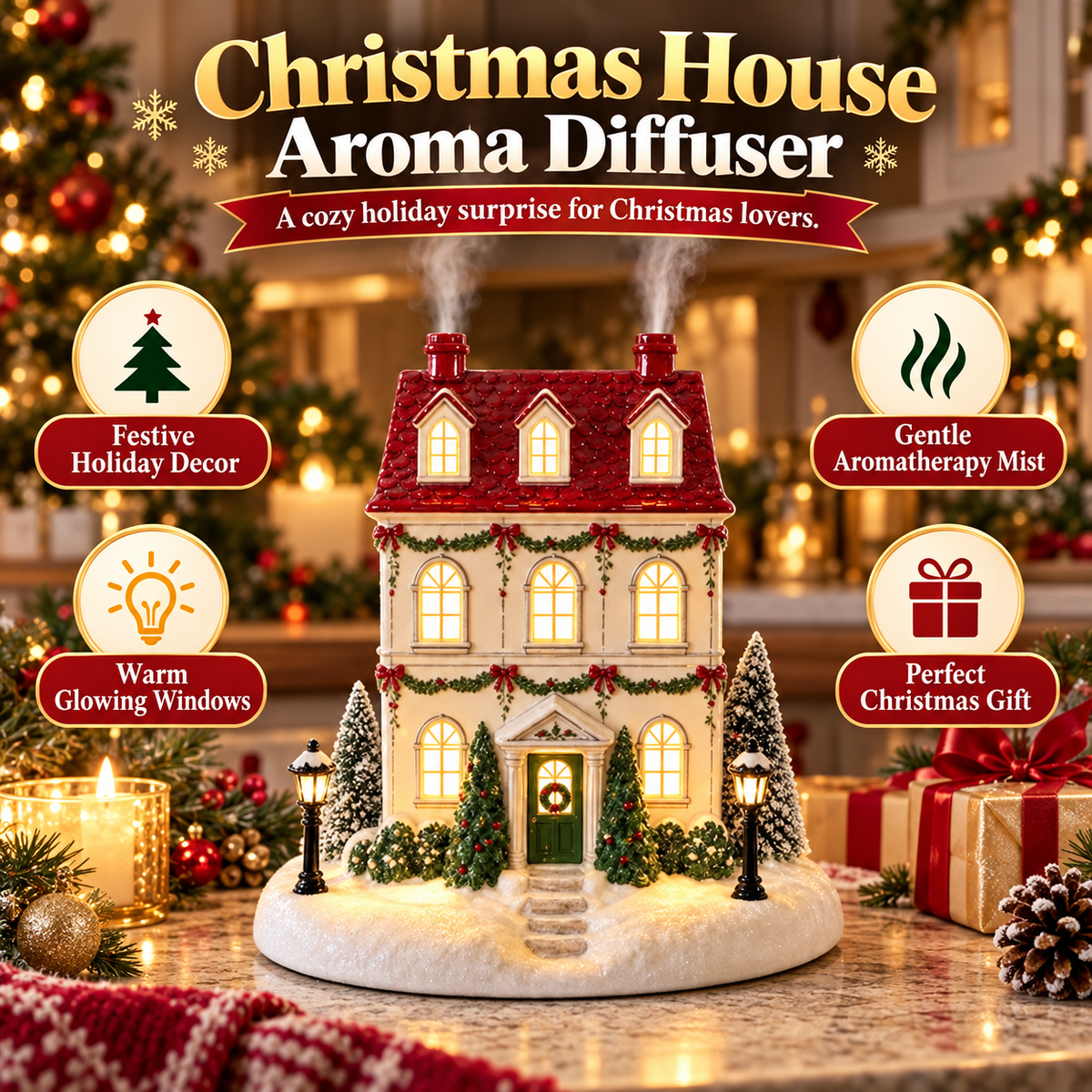 🎄 Lighted Christmas House Diffuser – Cozy Holiday Cottage with Gentle Mist ✨