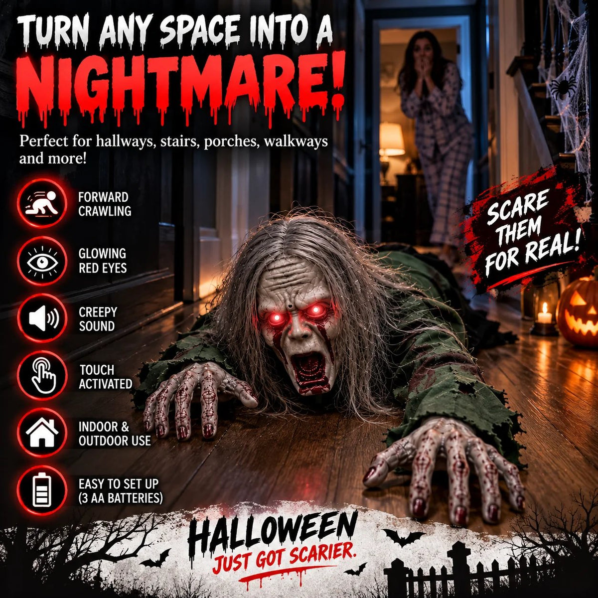 🔥Buy 2 Get 20% OFF🔥🎃 Crawling Halloween Ghoul™ — Glowing Eyes, Creepy Sounds & Real Crawling Action