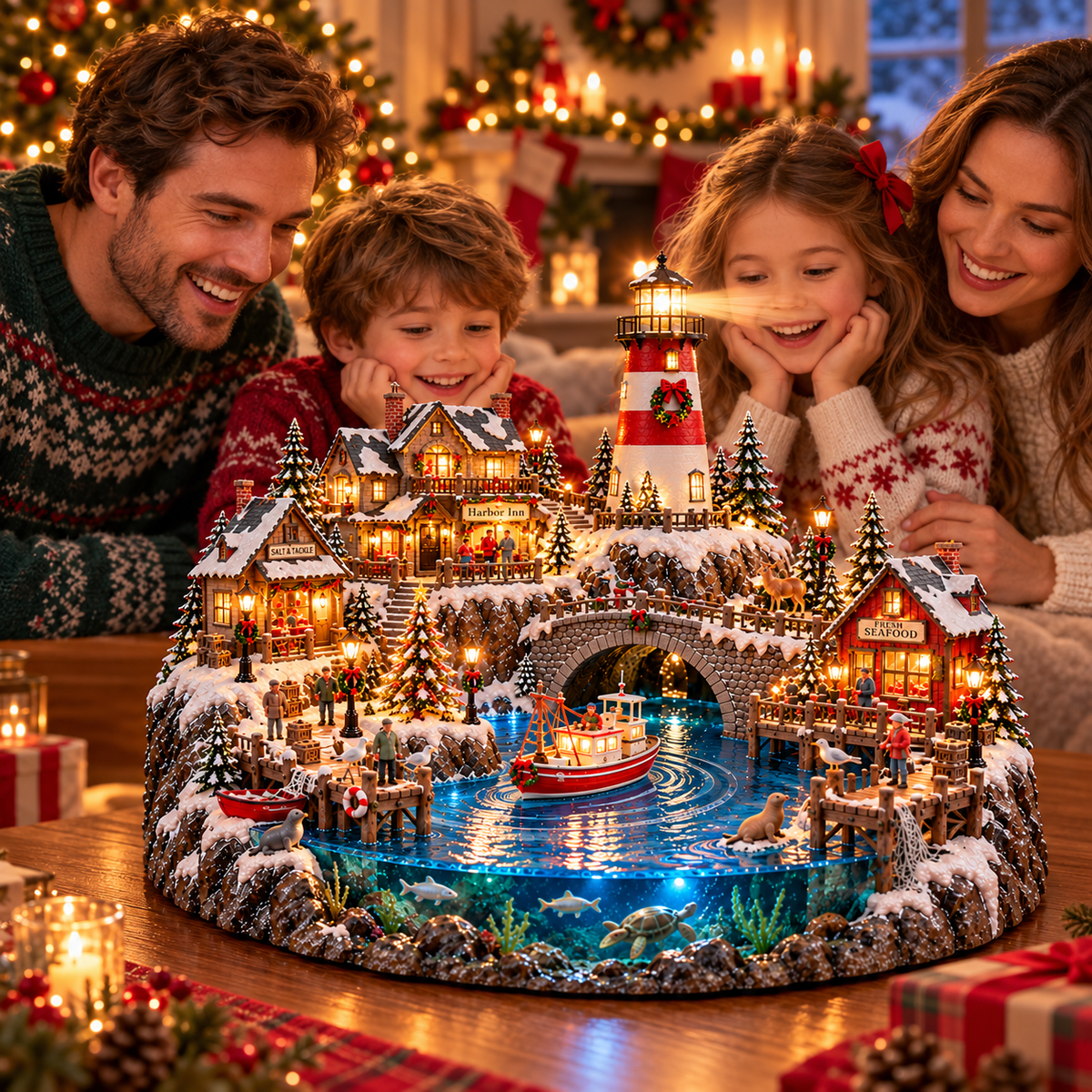 🌊 50%+ OFF Harborlight Christmas™ – Lighted Coastal Village with Lighthouse & Underwater Scene 🎄