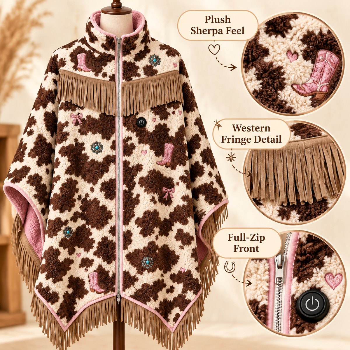 🔥 Heated Western Fringe Poncho – 3 Heat Levels, USB Powered Cowgirl Wrap