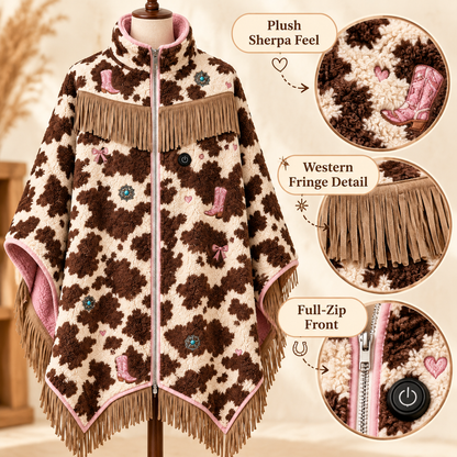 🔥 Heated Western Fringe Poncho – 3 Heat Levels, USB Powered Cowgirl Wrap