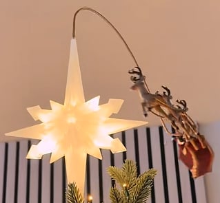 🎅 Lighted Santa Sleigh Christmas Tree Topper – Moravian LED Star with Bendable Flying Arm
