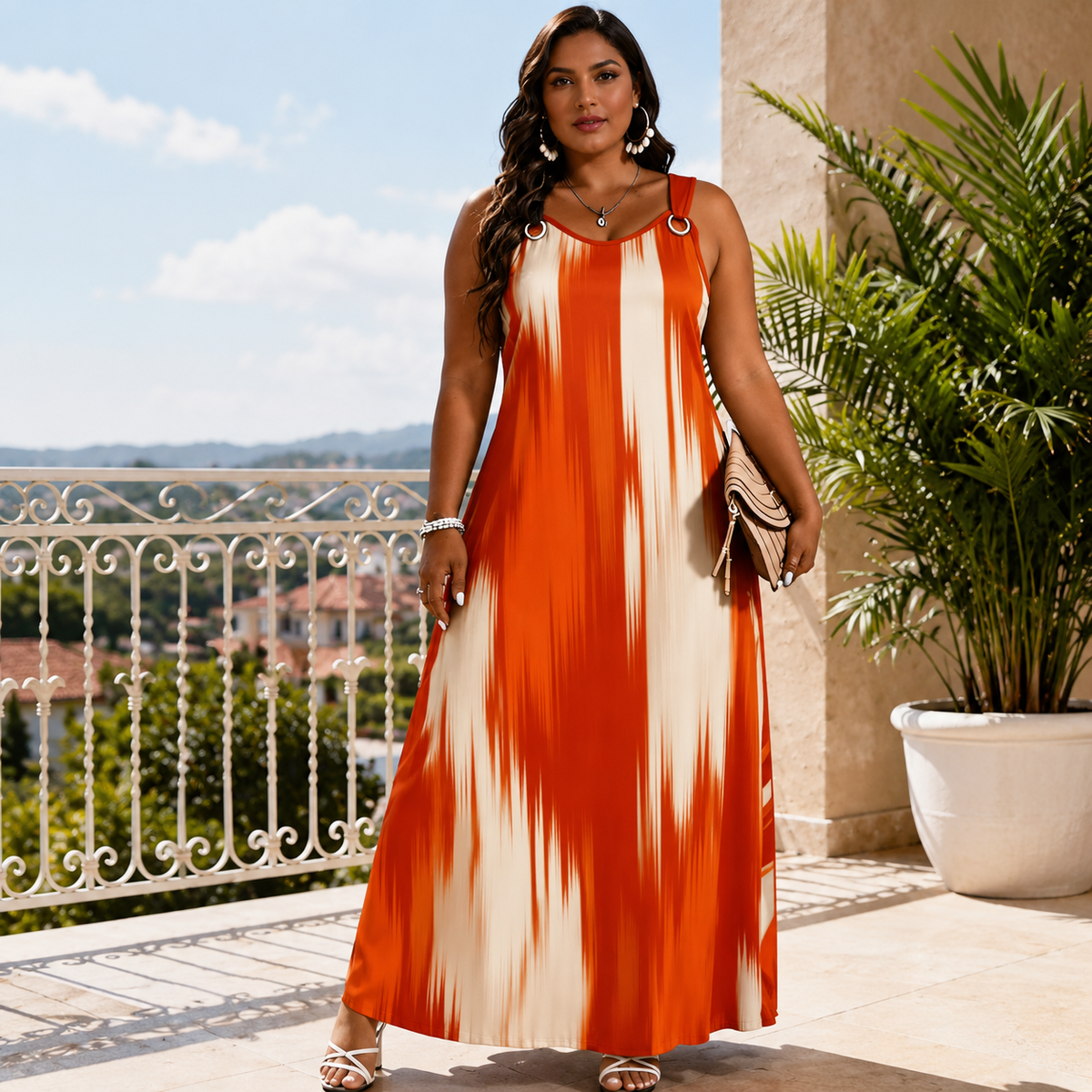 💃 Women's Sleeveless Printed Ring-Strap Loose Maxi Dress with Pockets 🌴