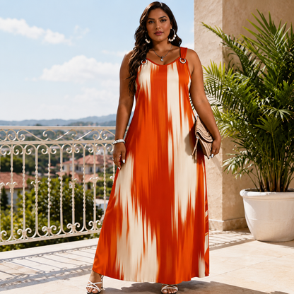 💃 Women's Sleeveless Printed Ring-Strap Loose Maxi Dress with Pockets 🌴