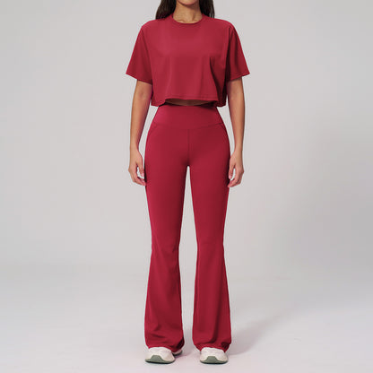 🌸 Women's 2-Piece Activewear Set: Cropped Tee & High-Waisted Flared Pants 🧘‍♀️