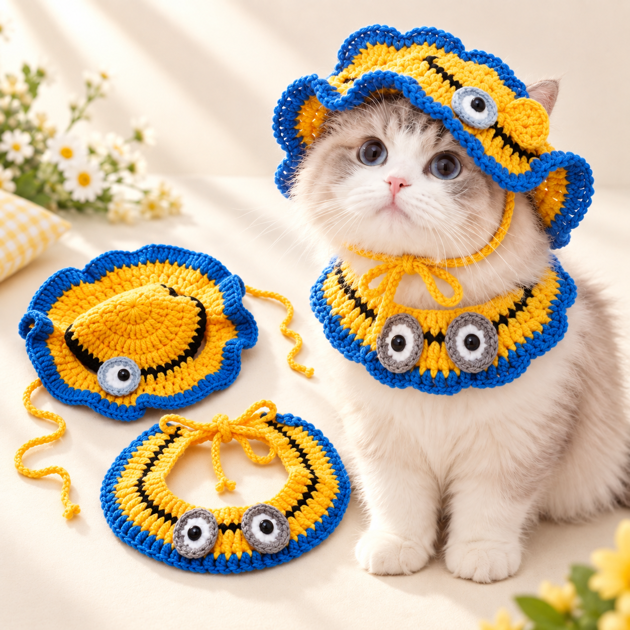🐾 Handcrafted Crochet Pet Hat & Collar Set – Viral Cute Photo Costume Set ✨