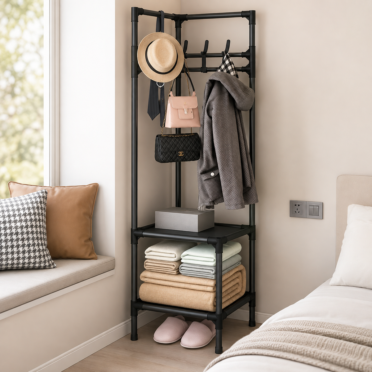 👗 Freestanding Corner Garment Rack with Wheels & Storage Shelves 👠