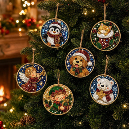 🎄 6-Piece Christmas Diamond Art Wooden Ornament Kit – DIY Pearl & Rhinestone Crafts ✨