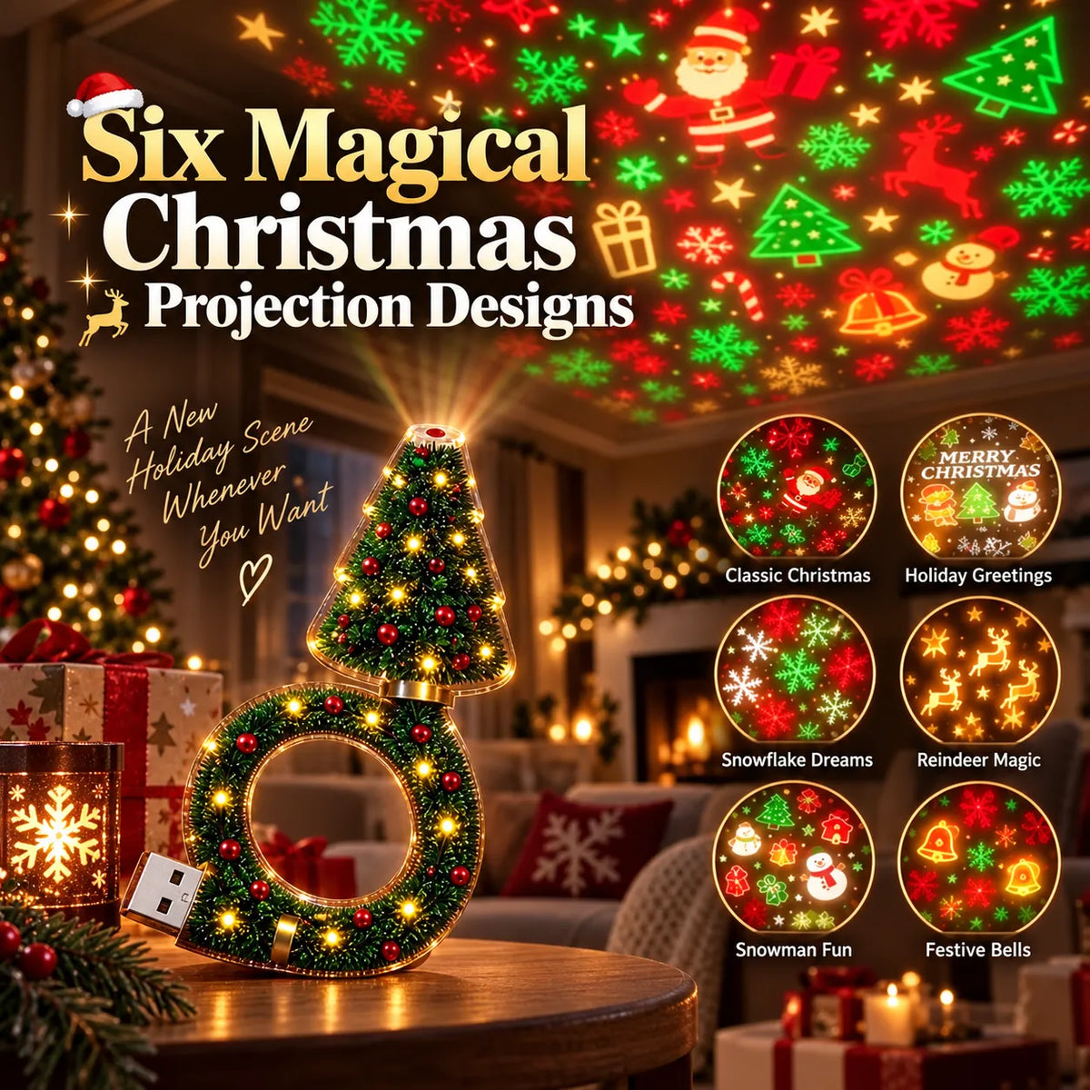 🎄 Christmas Projector Lamp – 6 Festive Wall & Ceiling Designs ✨