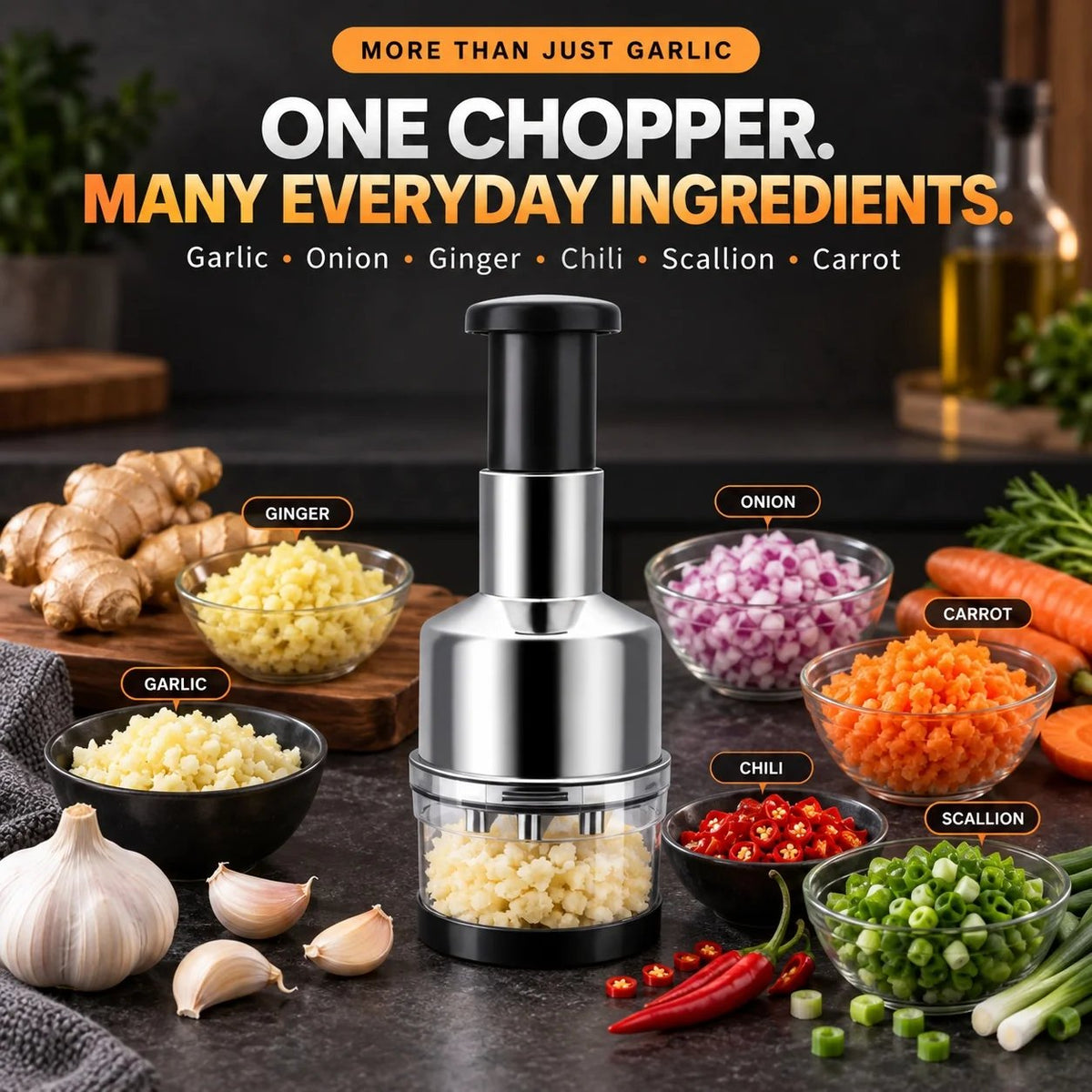 🧄 55% OFF One-Tap Garlic Chopper – Stainless Steel Manual Food Cutter for Effortless Cooking