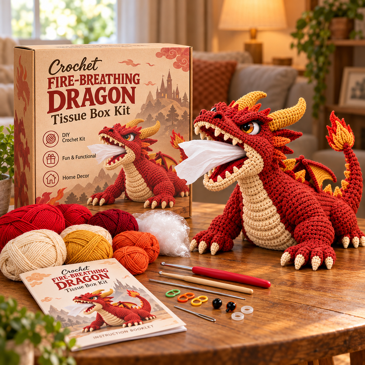 🐉 Fantasy Crochet Tissue Box Cover DIY Kit - Dragon & Lava Turtle 🧶