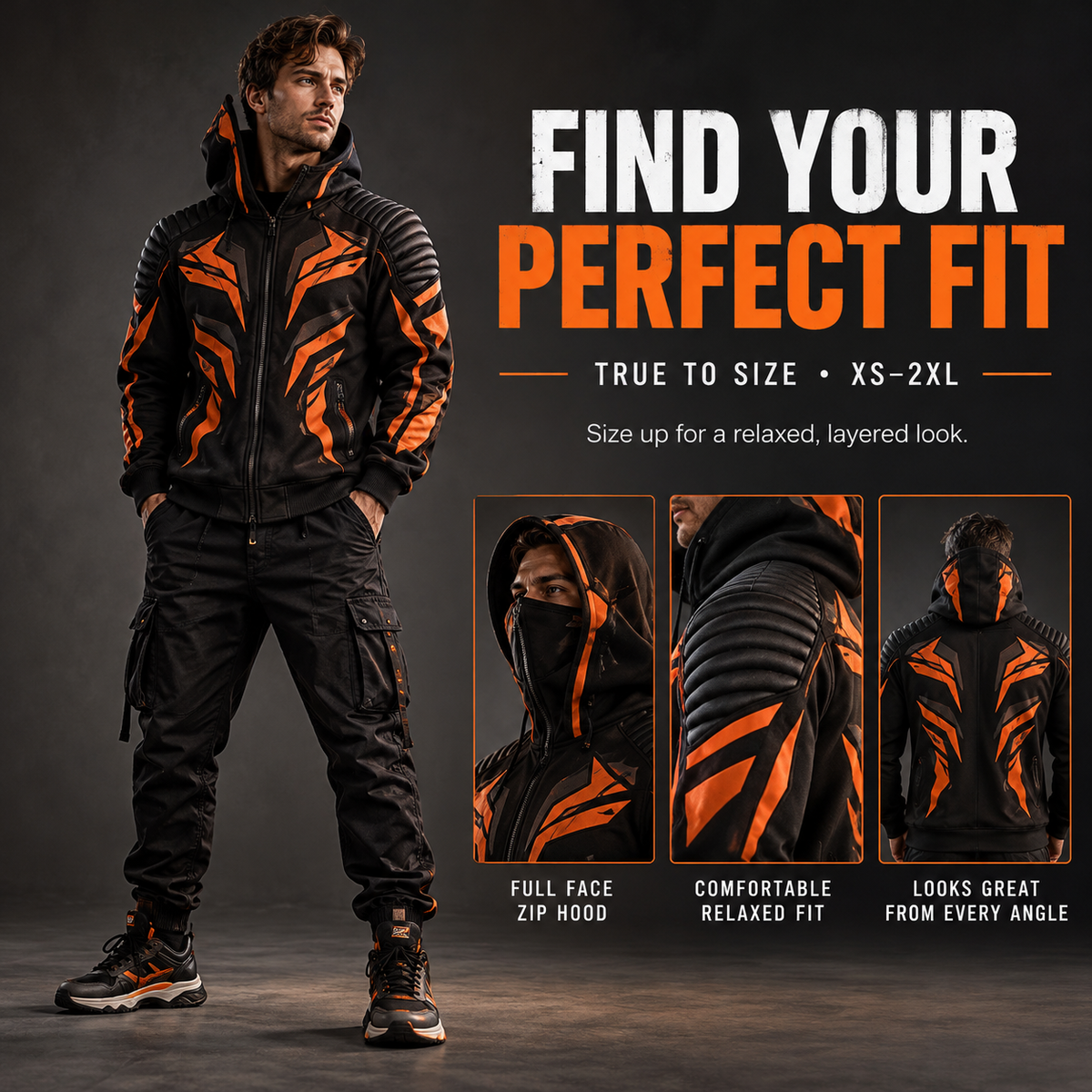 🔥 Full-Face Zip Hoodie – Armor-Inspired Fleece Streetwear with Quilted Shoulders