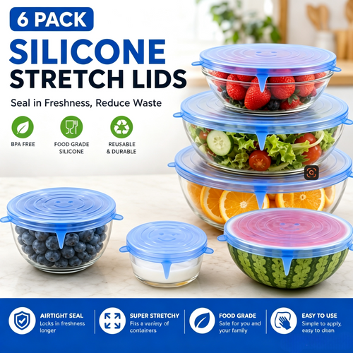 🥗 6-Pack Silicone Stretch Lids – Reusable, BPA-Free & Leak-Proof Covers for Bowls, Pots, Cups & Fruits