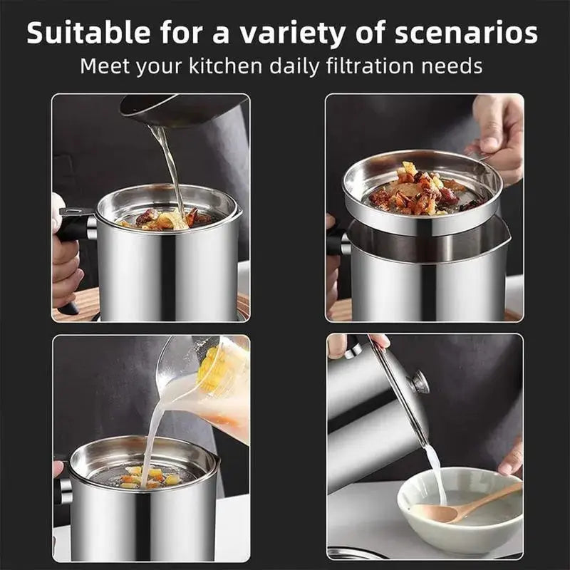 🍳 LIMITED-TIME 50% OFF! ✨ 304 Stainless Steel Oil Keeper with Filter – Food-Grade, Fine Mesh, Drip-Proof 🛡️