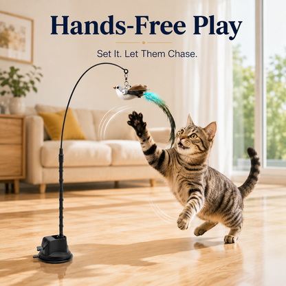 🐱 Interactive Cat Wand with Suction Cup & Natural Feathers 🪶