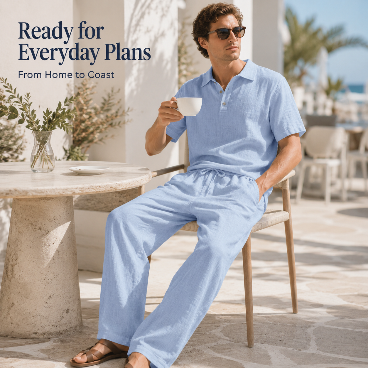 🌿 Men's 2-Piece Linen Outfit Set • Breathable Short-Sleeve Polo Shirt & Relaxed Pants 🏖️