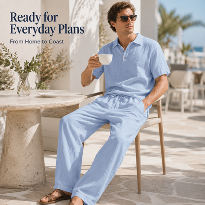 🌿 Men's 2-Piece Linen Outfit Set • Breathable Short-Sleeve Polo Shirt & Relaxed Pants 🏖️