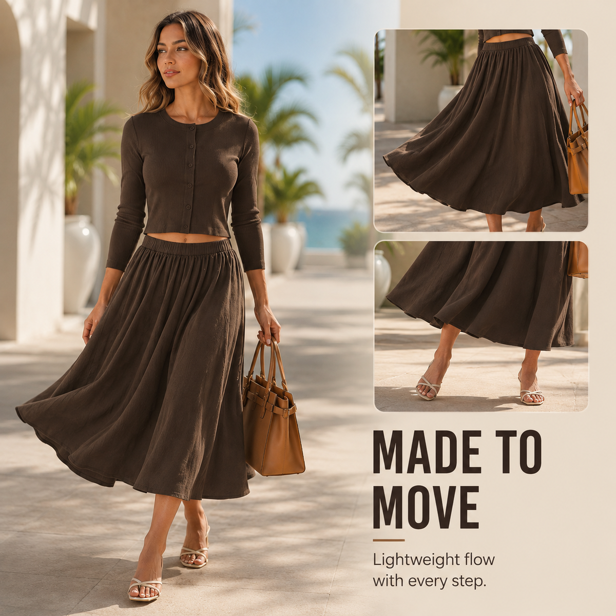 👗 Women's 2-Piece Ribbed Cardigan & Flowing Skirt Set ✨