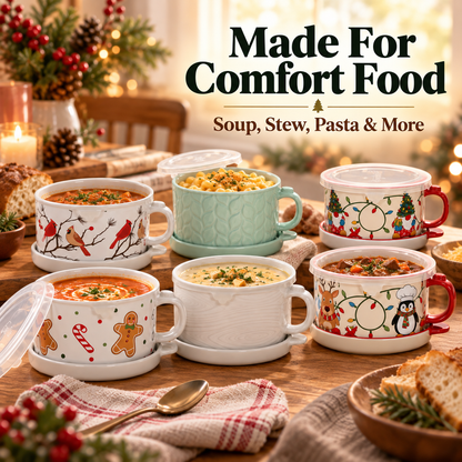 🥣 4-Piece 25-oz Ceramic Soup Mug Meal Sets with Lid-its & Storage Covers 🎁