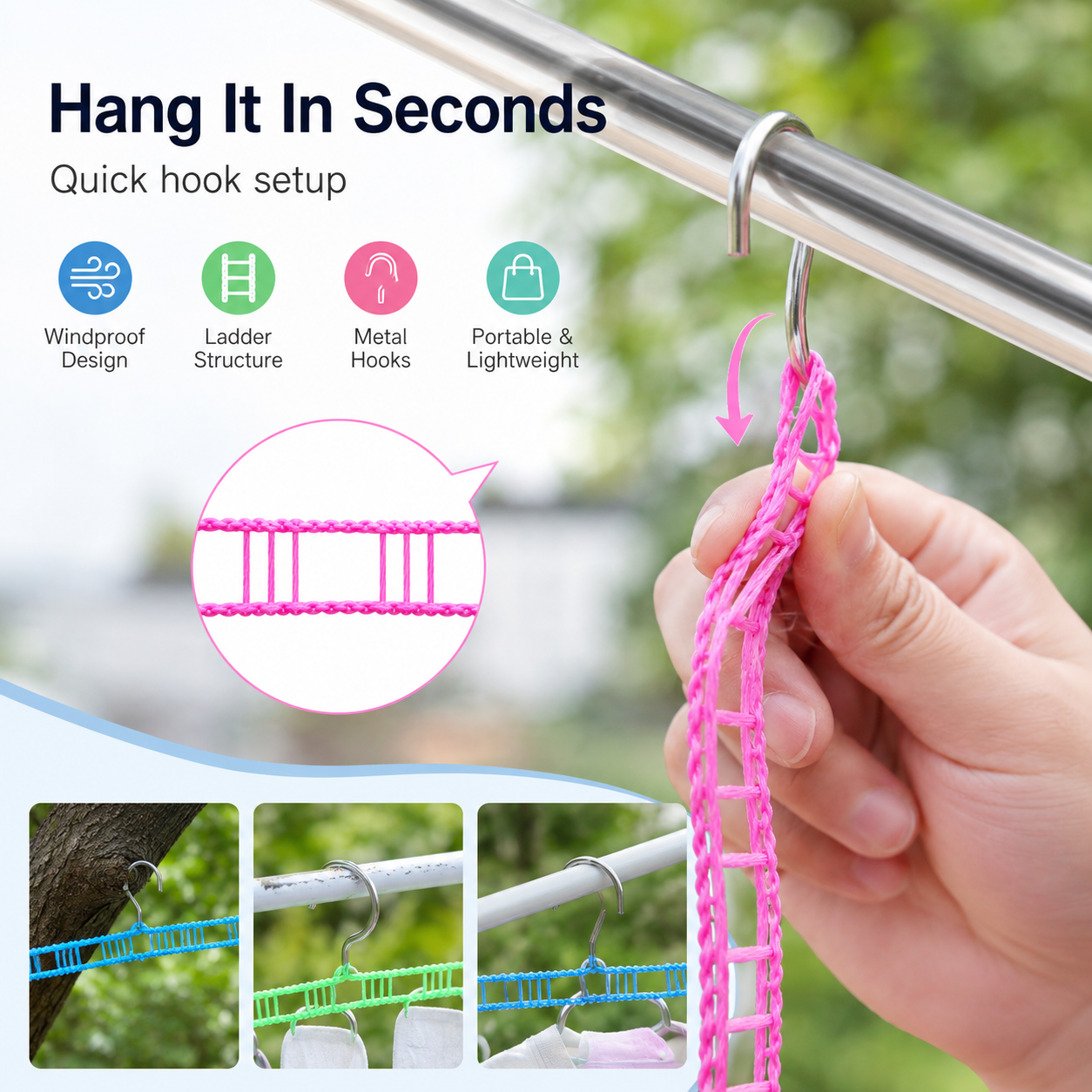 🌬️ Portable Windproof Clothesline – Anti-Slip Drying Rope for Travel, Balcony & Small Spaces