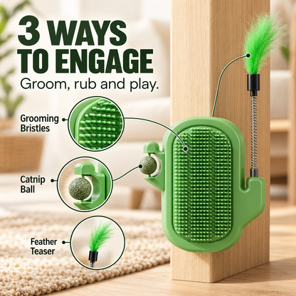 🐾 3-in-1 Cat Self-Grooming Corner Brush with Catnip Ball & Feather Teaser 🌿