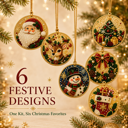 🎄 6-Piece Christmas Diamond Art Wooden Ornament Kit – DIY Pearl & Rhinestone Crafts ✨