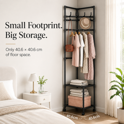 👗 Freestanding Corner Garment Rack with Wheels & Storage Shelves 👠