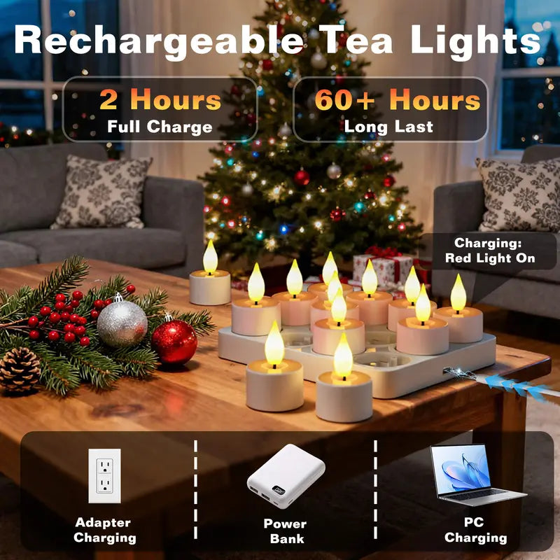 ✨12pcs  Rechargeable Flameless Tea Lights with Remote – Realistic Flickering LED Candles & Timer