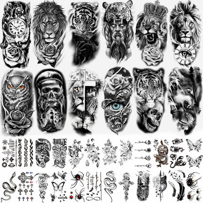 🔥 76 Pcs Tribal Temporary Tattoo Set - Wolf, Lion & Skull | Instant Forearm Sleeve | Zero Pain 🐺✨