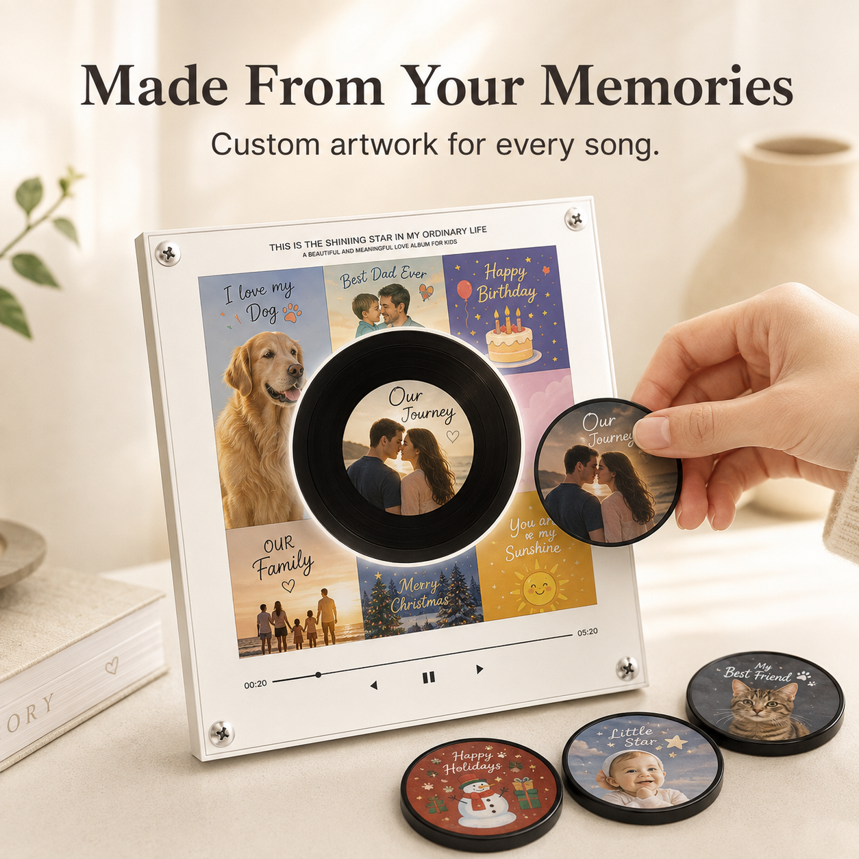 🎵 Magnetic NFC Acrylic Music Player with 9 Mini Vinyl Discs ✨