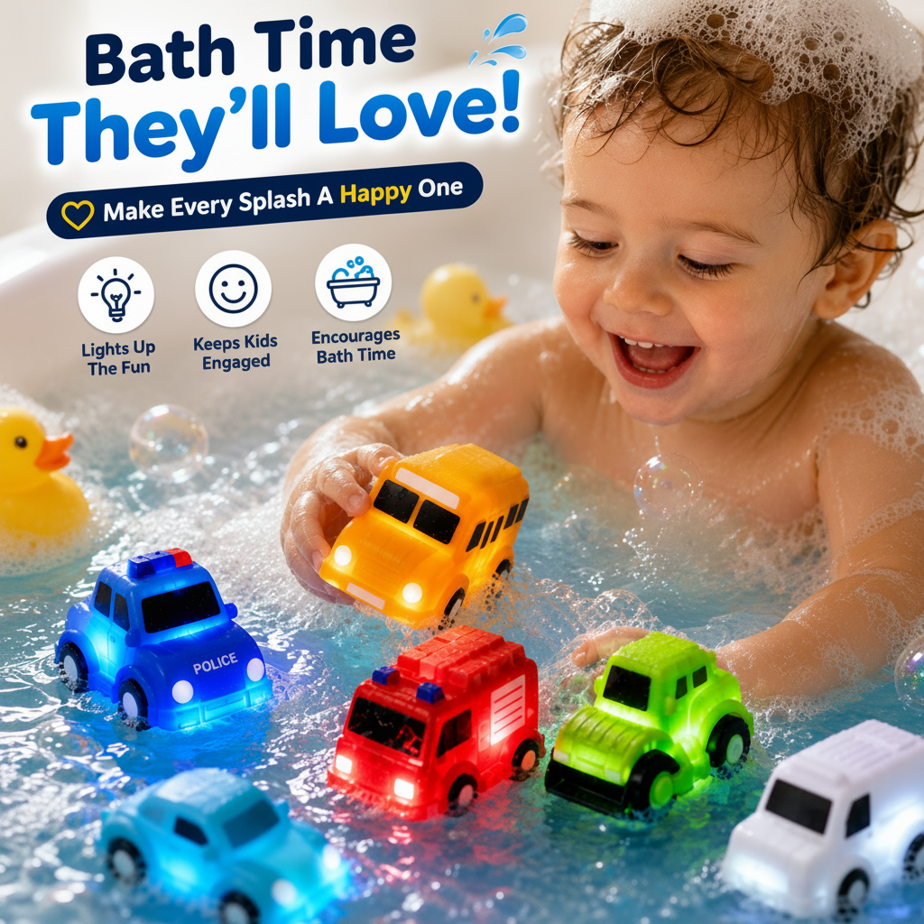🚗 Water-Activated Light-Up Vehicle Toys – 6PCS Glowing Bath & Pool Play Set ✨