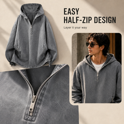 🧥 100% Cotton Vintage Washed Half-Zip Hoodie – Relaxed Fit Pullover ✨