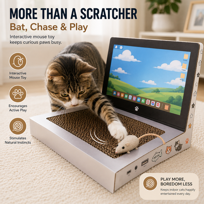 💻 Laptop Cat Scratcher Cardboard Toy with Mouse Ball and DIY Stickers 🐾